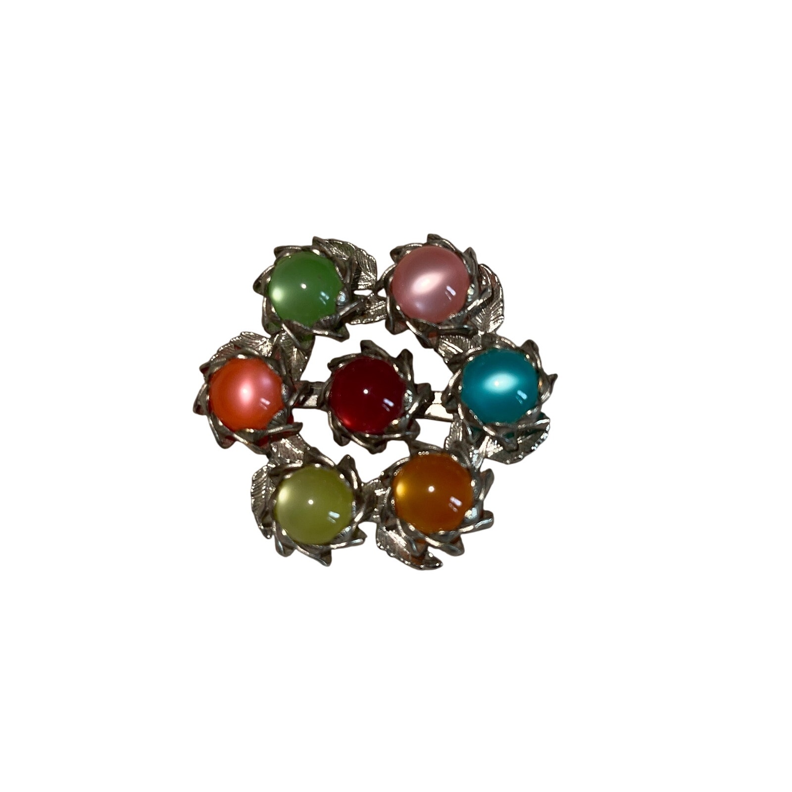 Thermoset Colorful Pin Silver Tone Brooch Multicolored Cats Eye Glowing Beads 15$